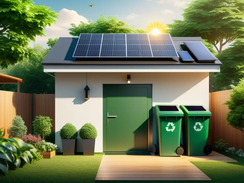 Vista de casa ecológica con paneles solares, compost y reciclaje