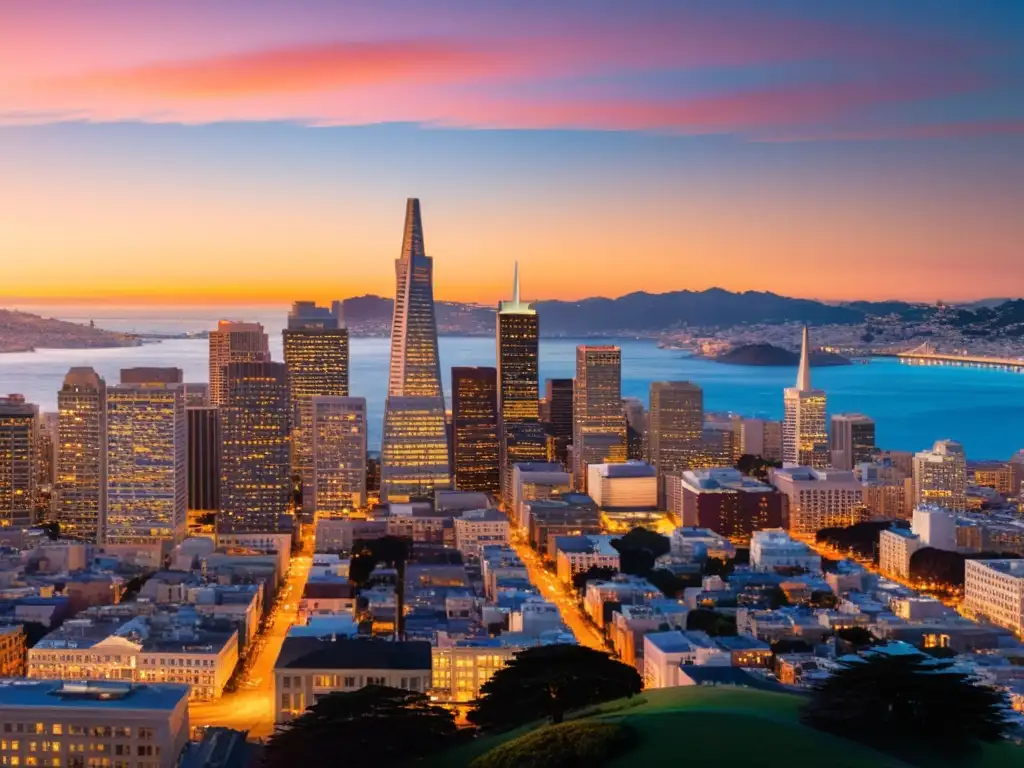 Vista panorámica de San Francisco al atardecer, con el modelo de la ciudad verde y sus emblemáticos edificios bañados por la luz dorada del sol