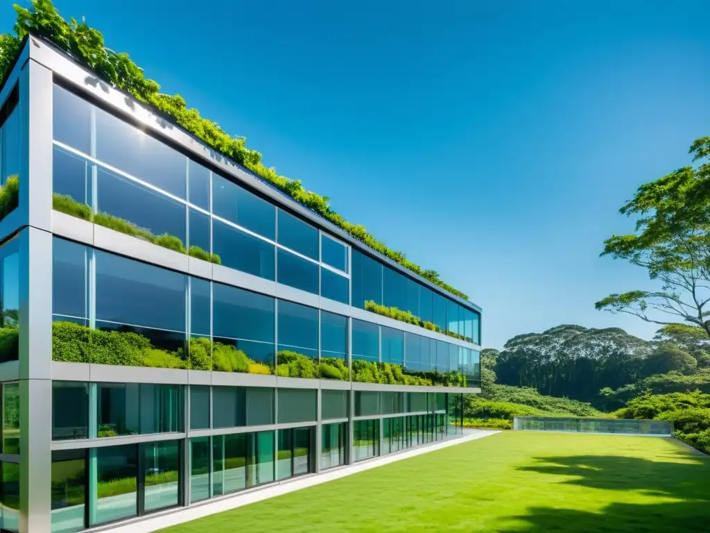 Vista panorámica de un edificio comercial moderno con características ecológicas, rodeado de vegetación exuberante