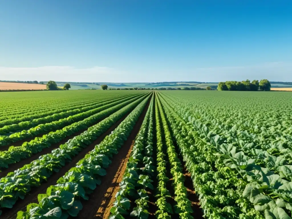 Vista panorámica de un próspero campo de cultivos con filas ordenadas de plantas bajo el cielo azul