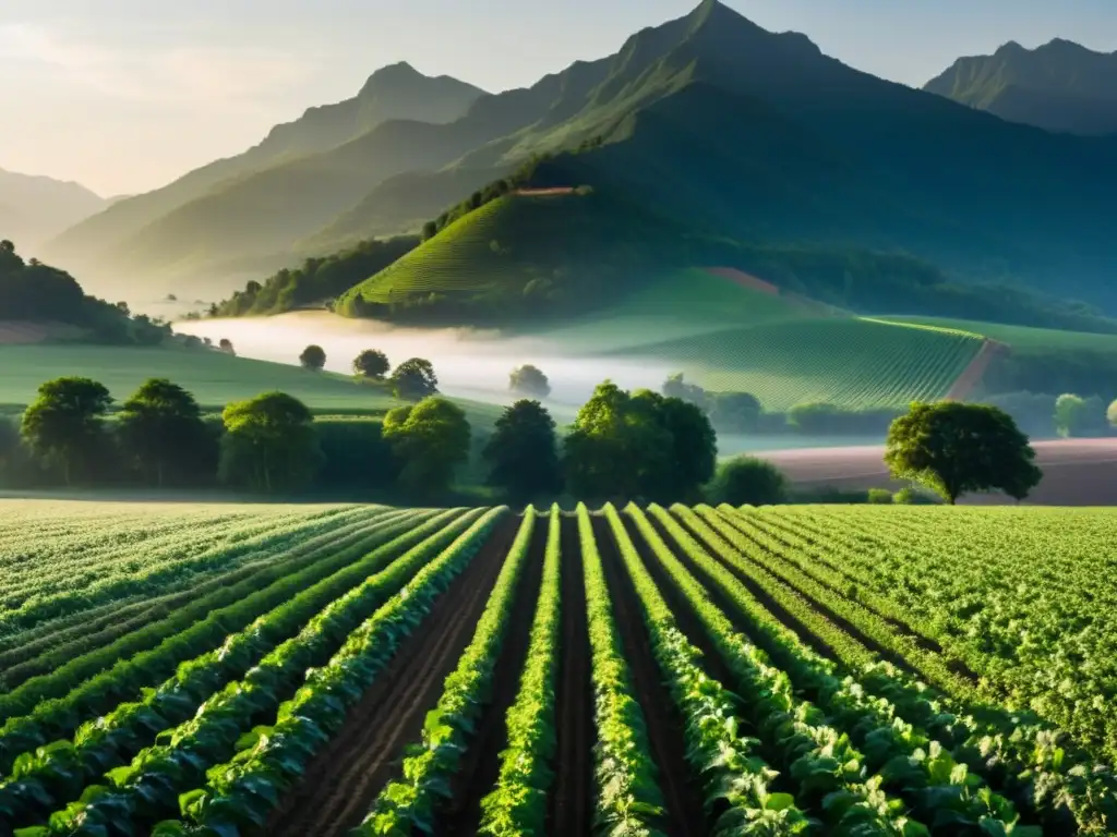 Una vista serena de un campo fértil con cultivos ordenados, bañado por la luz dorada