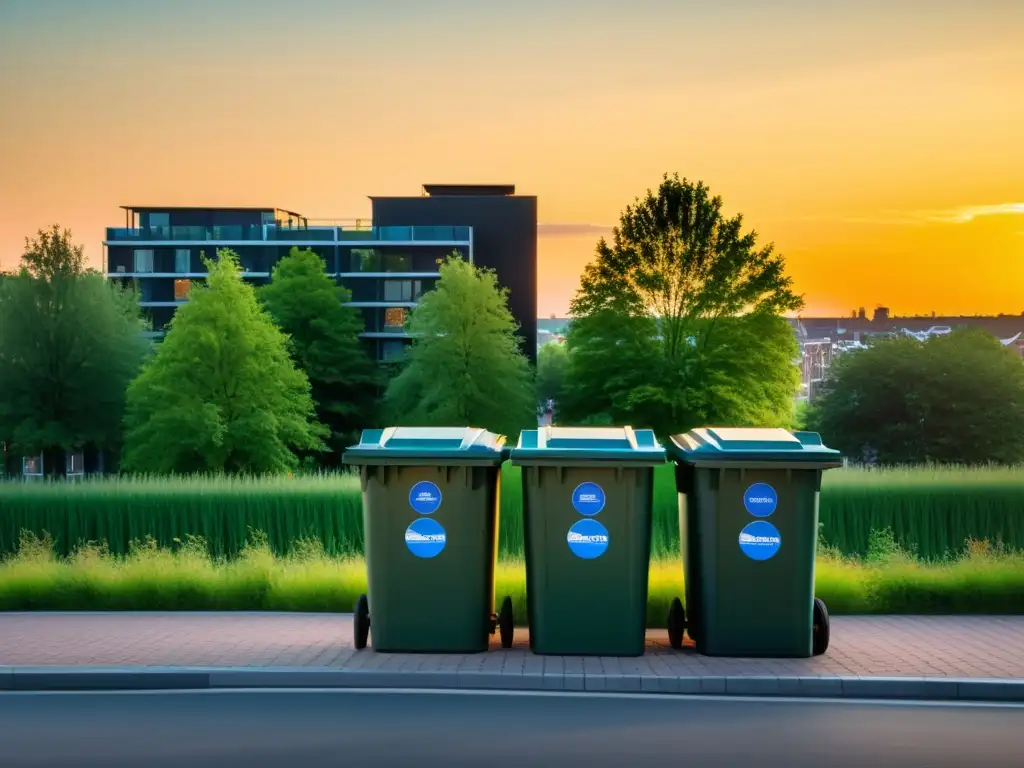 Vista serena de una ciudad holandesa con contenedores de reciclaje