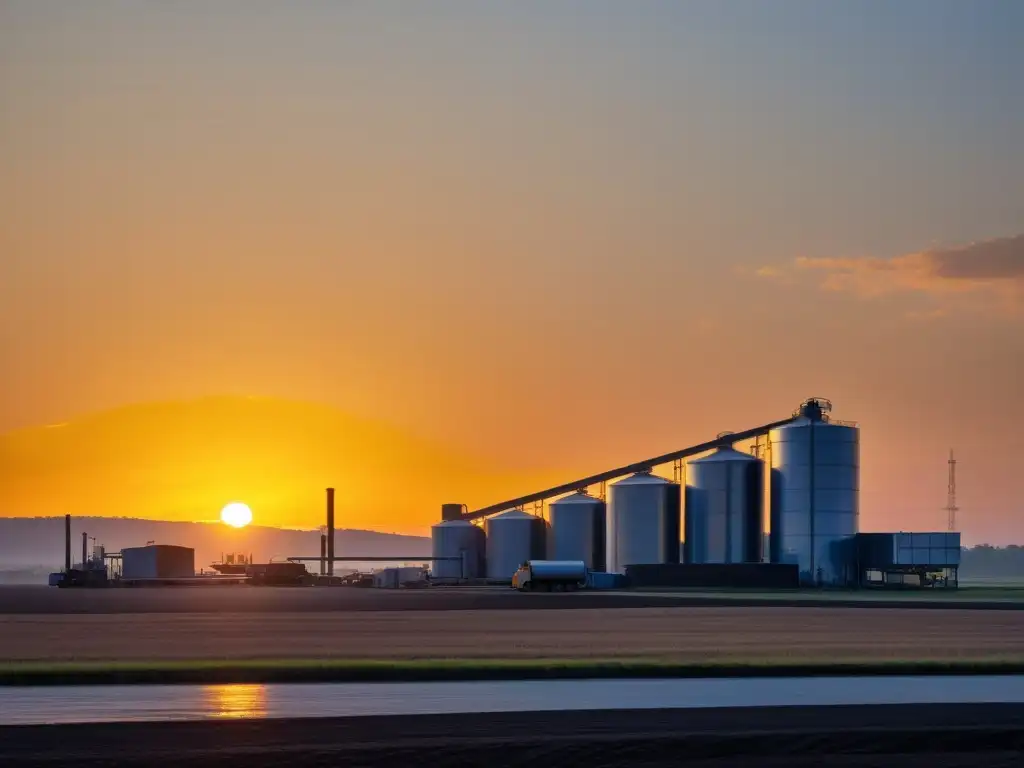 Una vista serena de una planta de reciclaje al atardecer, con el sol poniéndose en el fondo, iluminando el paisaje industrial