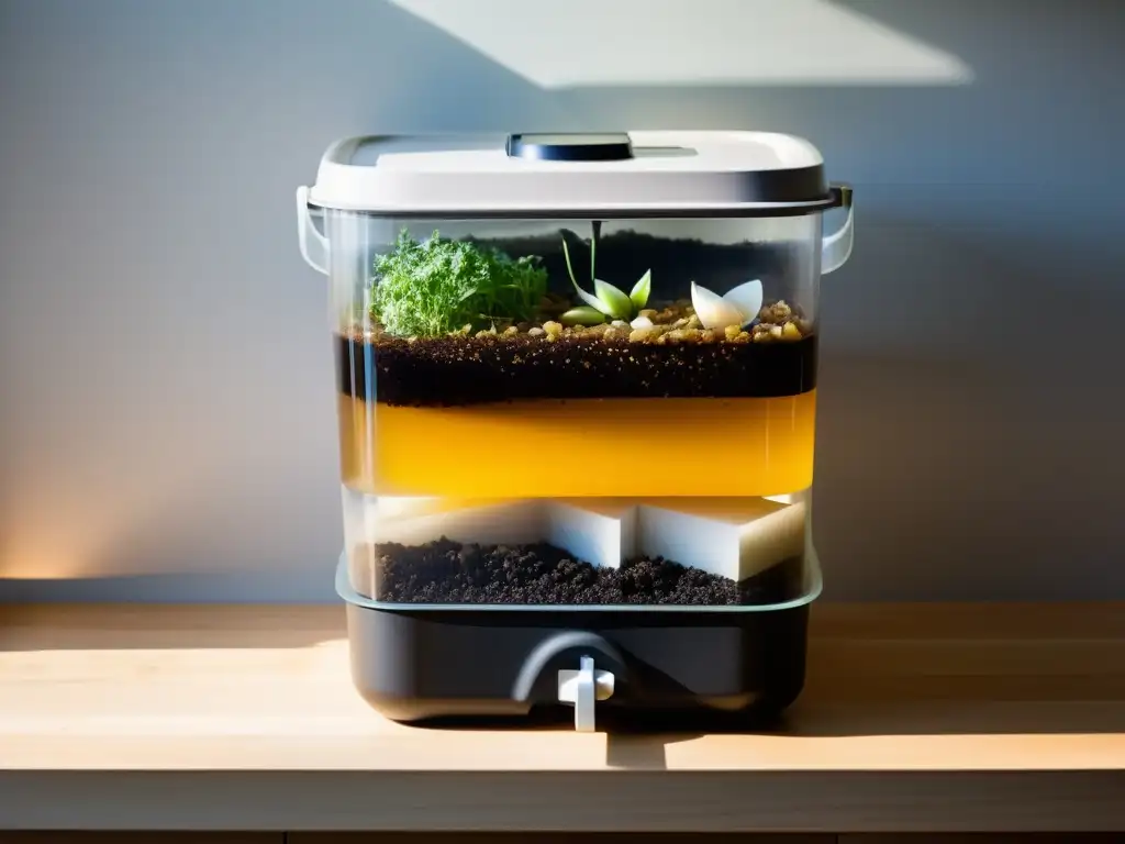 Compostaje Bokashi: Serenidad Ecoconsciente Vista serena de un sistema de compostaje Bokashi en casa, con desechos orgánicos en capas
