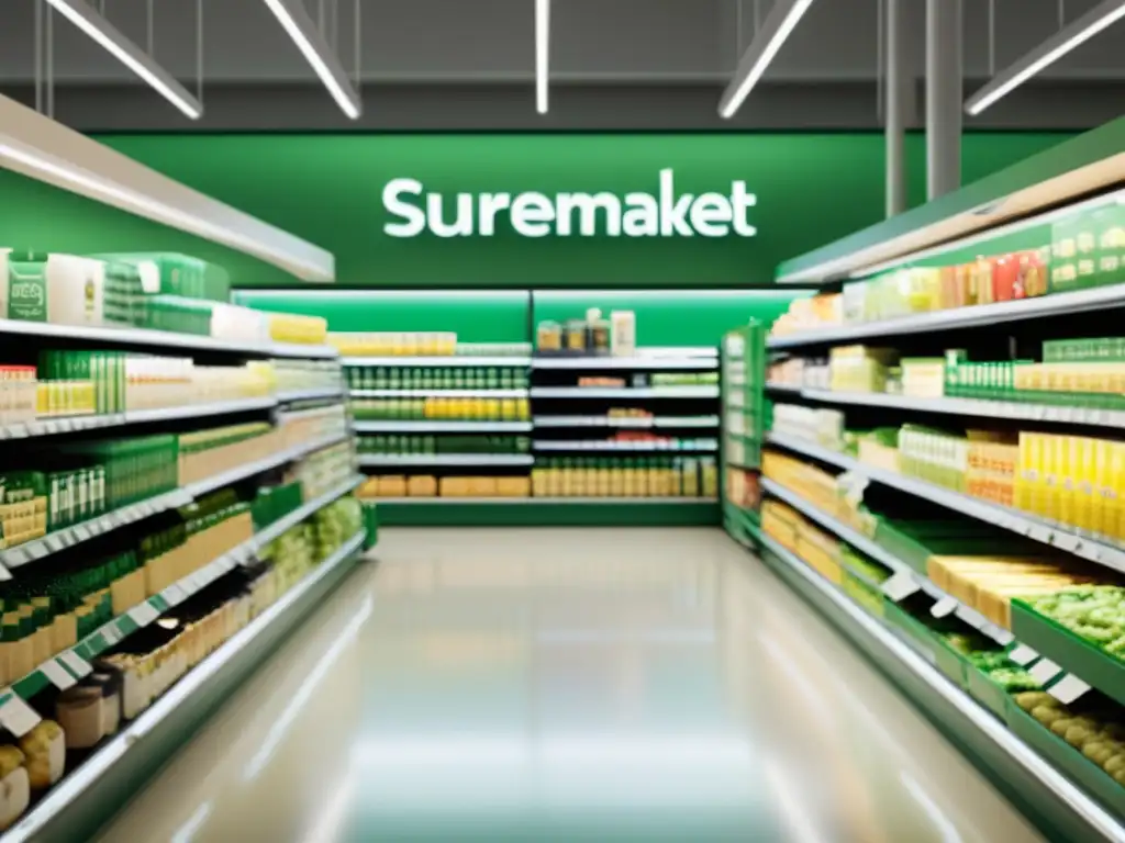 Supermercado moderno con productos eco-friendly Vista tranquila de un pasillo de supermercado moderno con productos de diseño minimalista y empaques ecológicos, reflejando iniciativas de reducción de embalaje