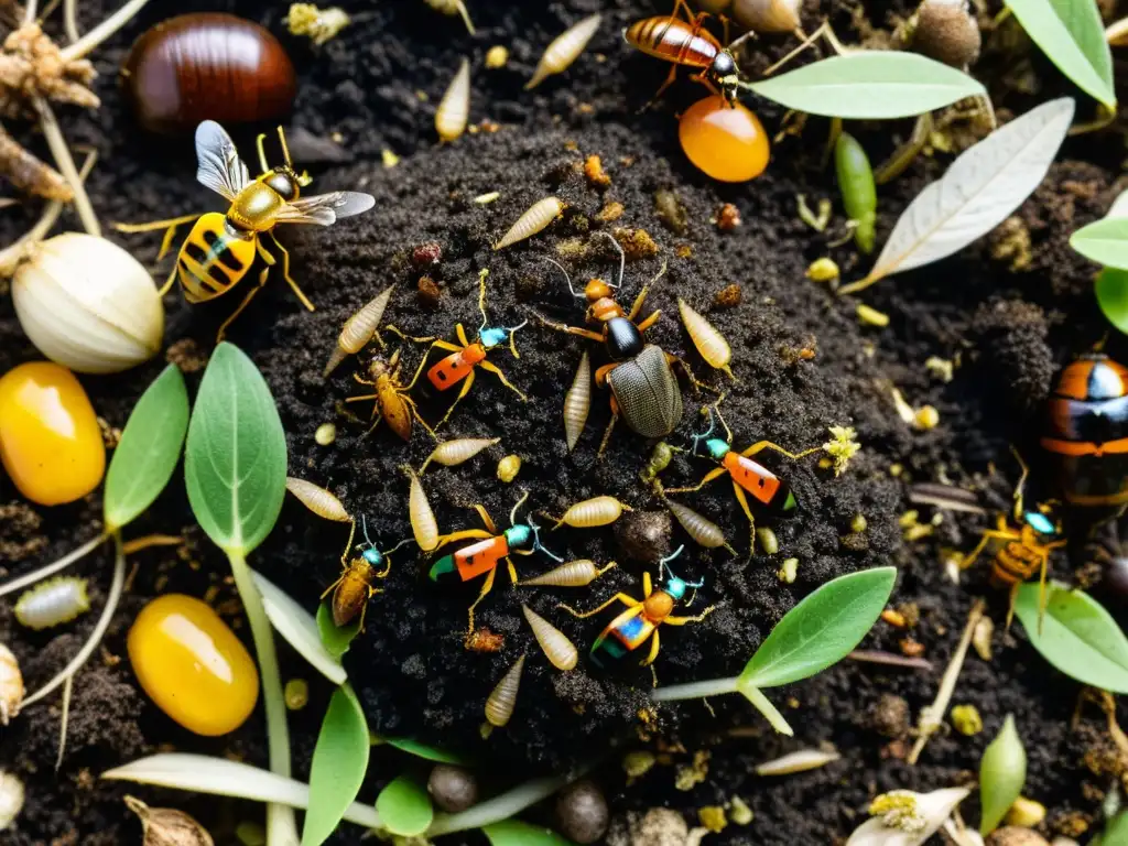 Un vistazo detallado a un montón de compost con diversas etapas de descomposición, mostrando insectos y microorganismos