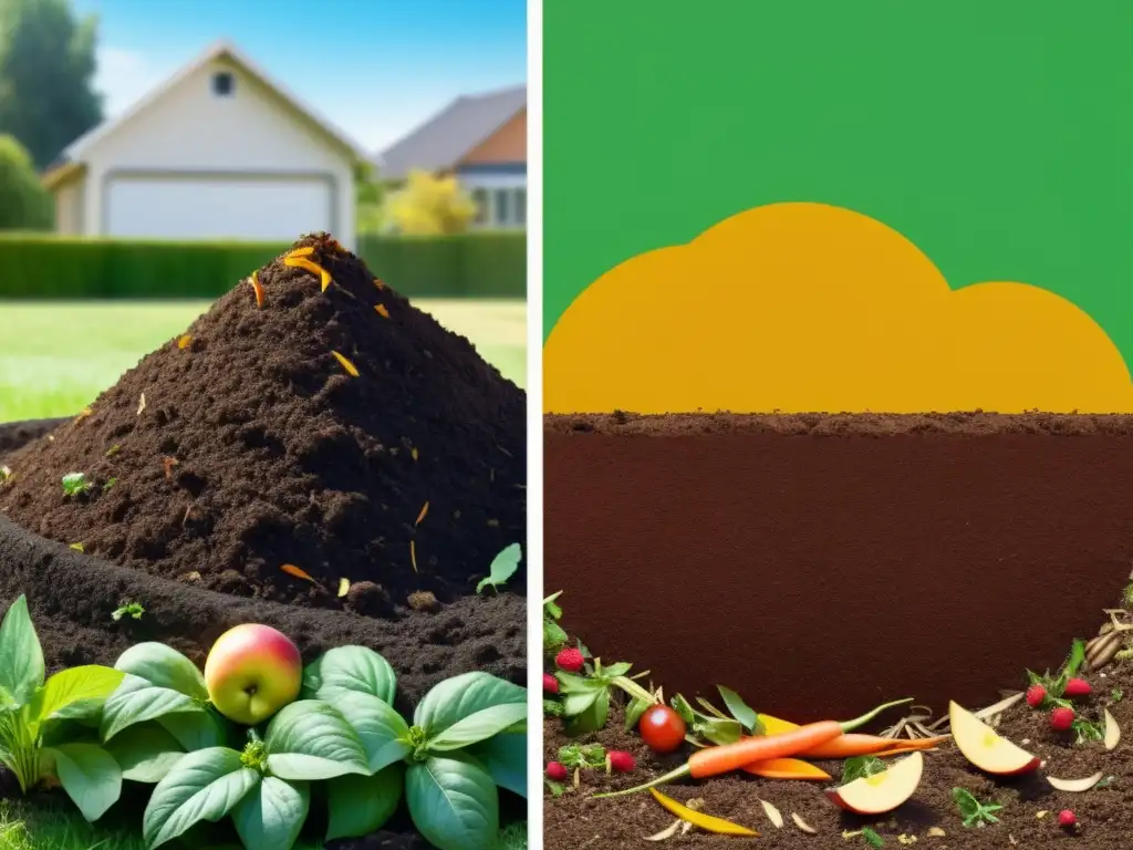 Comparación visual de compostaje vs biodigestión en el hogar, mostrando métodos y beneficios ambientales