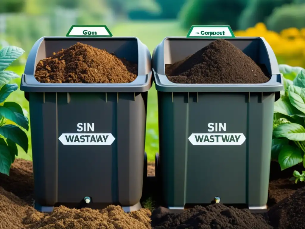 Comparación visual de compostaje en el hogar sin olores con y sin WasteAway, mostrando compost rico y sin olor vs