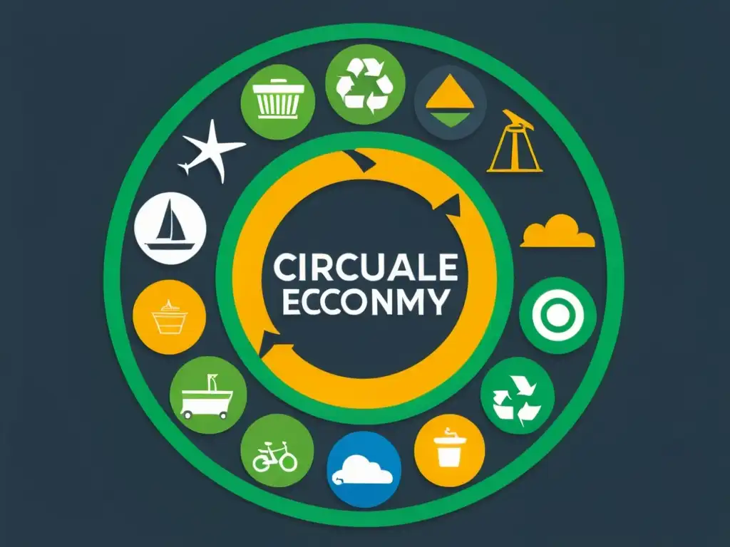 Representación visual de la contribución de empresas a la economía circular: un sistema interconectado de producción, consumo y reciclaje, simbolizando eficiencia e innovación