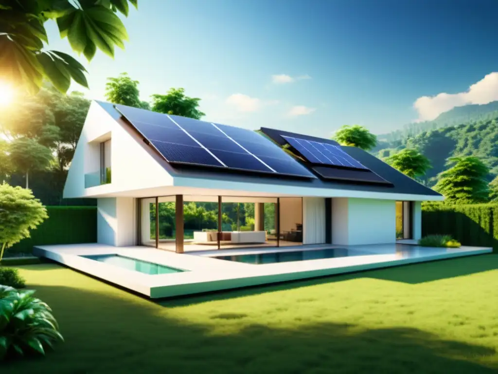 Vivienda autosuficiente energía solar: casa moderna con paneles solares en el techo, rodeada de exuberante vegetación bajo el cálido sol