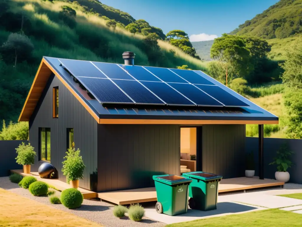 Vivienda autosuficiente energía solar en entorno ecológico con paneles y reciclaje organizado