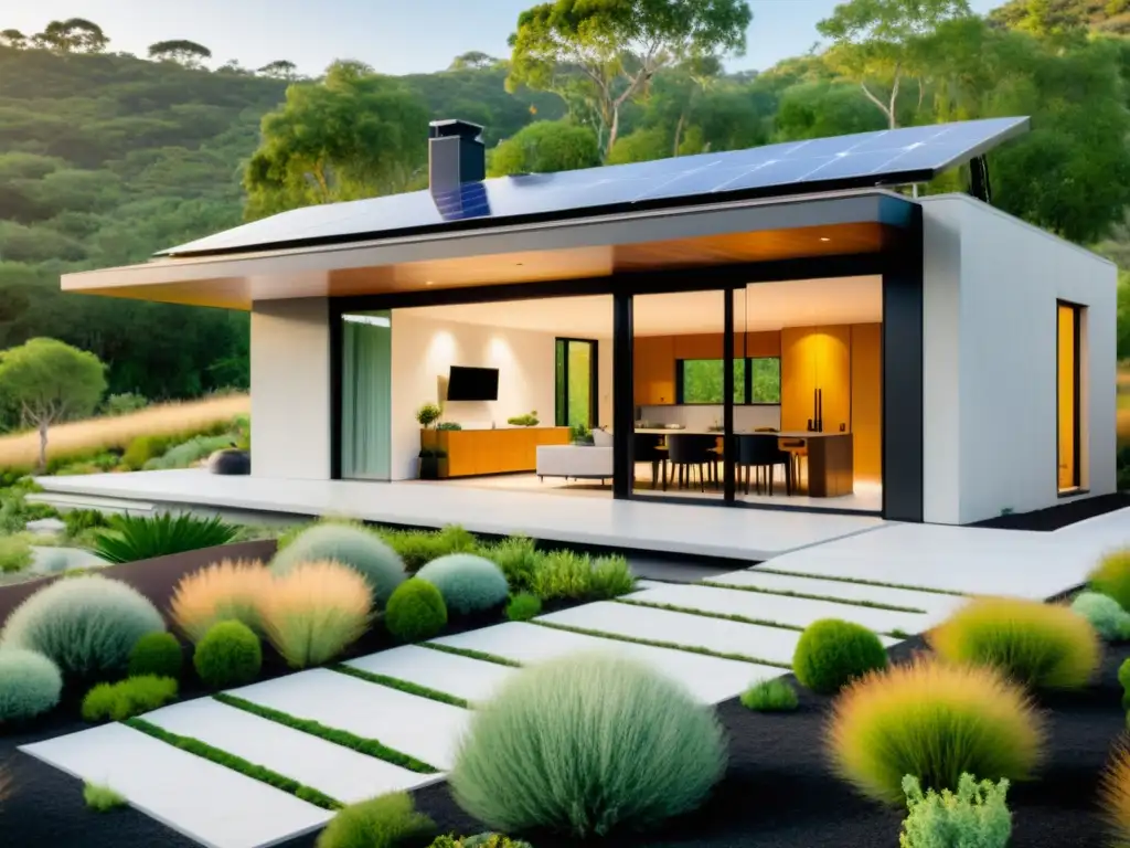 Vivienda autosuficiente con energía solar, diseño moderno y sostenible integrado con la naturaleza