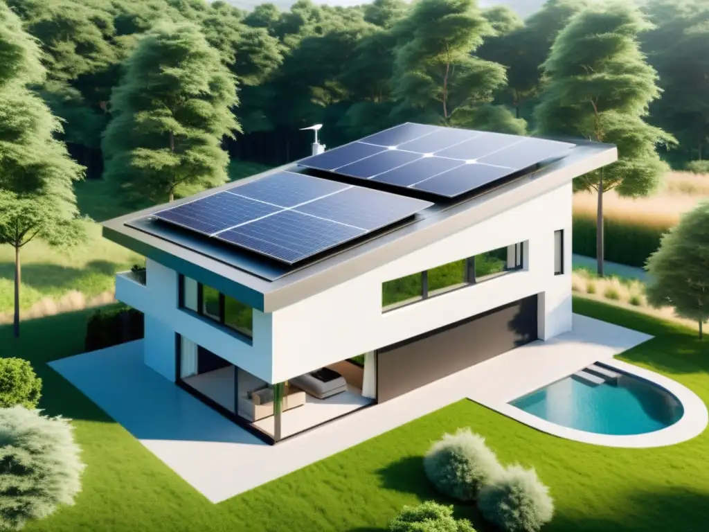 Vivienda moderna con paneles solares y una pequeña turbina eólica urbana integrada en el diseño, rodeada de naturaleza y tecnología sostenible