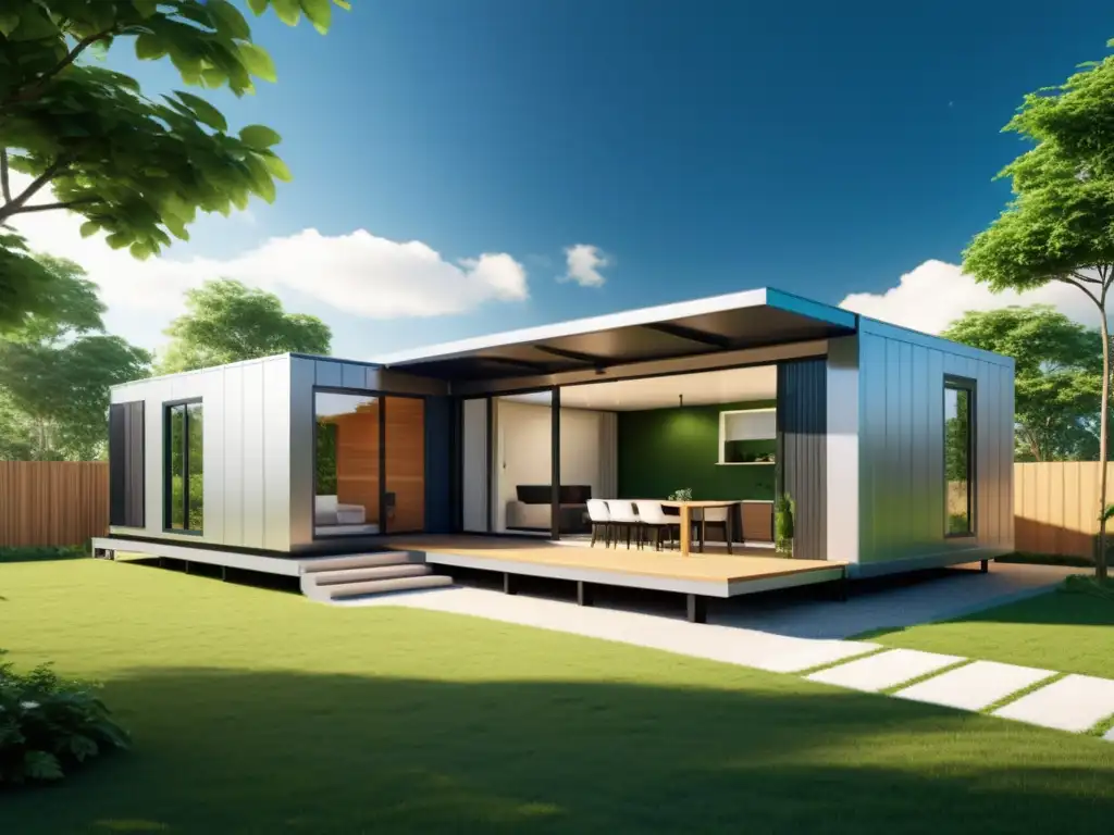 Vivienda modular sostenible construida con materiales reciclados, integrando tecnologías ecoamigables y un diseño contemporáneo