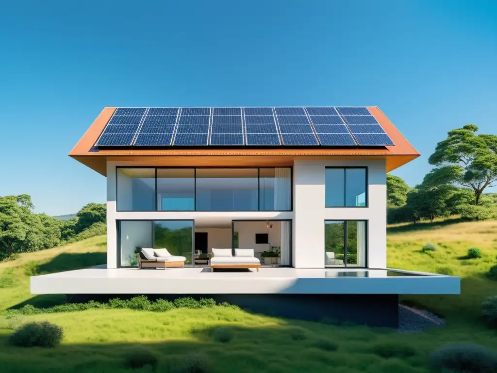 Vivienda sostenible con paneles solares, rodeada de naturaleza