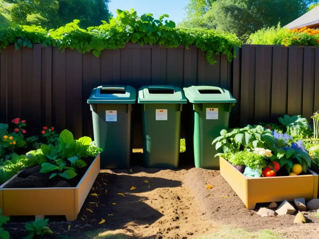 'Voluntariado verde para compostaje comunitario en un jardín comunitario rodeado de plantas exuberantes y composteras organizadas'