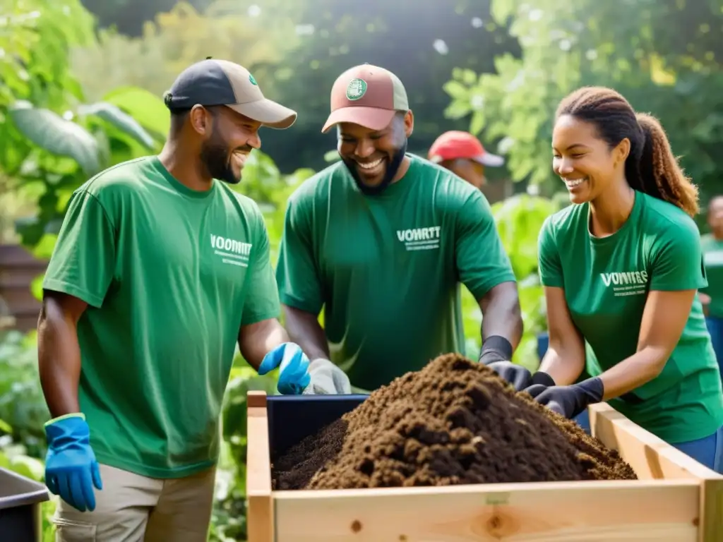 Voluntariado verde para compostaje comunitario: Diversidad de voluntarios sonrientes trabajando juntos en un jardín, volteando y manteniendo un gran montón de compost vibrante rodeado de herramientas y contenedores de madera, con luz solar entre los árboles