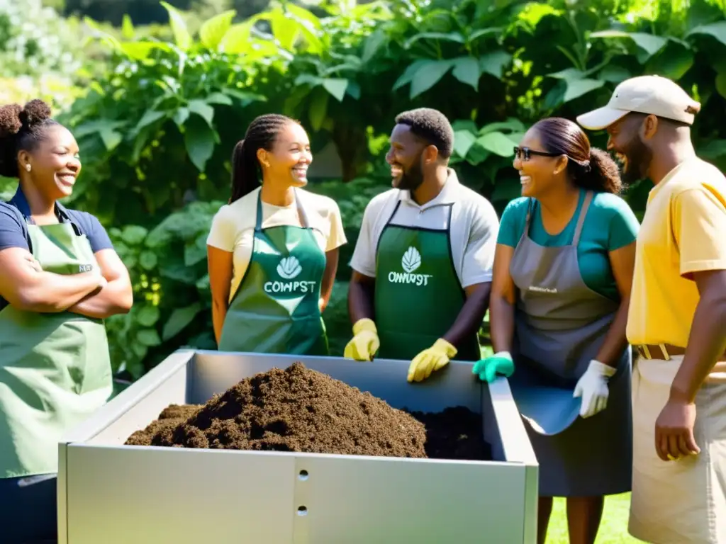 Voluntariado verde para compostaje comunitario: miembros de la comunidad cuidando juntos del compost en un hermoso jardín comunitario