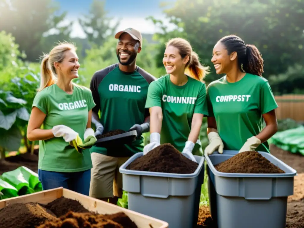 Voluntariado verde para compostaje comunitario: grupo sonriente en jardín, trabajando juntos bajo la luz del sol entre árboles