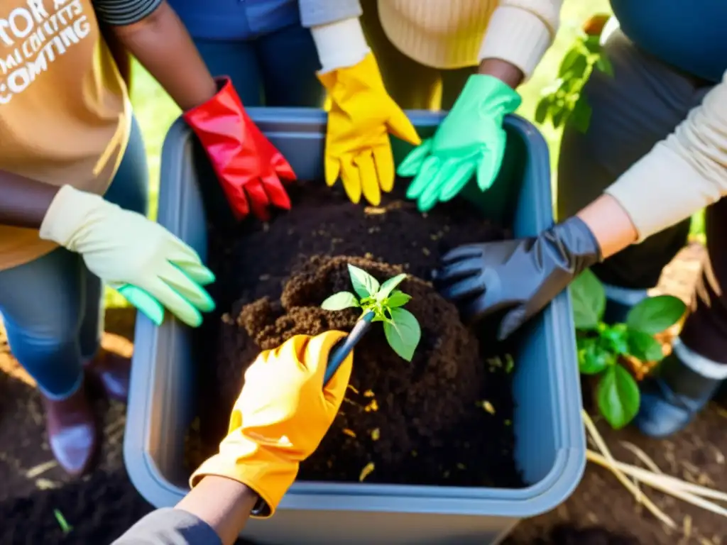 Voluntariado verde para compostaje comunitario: Comunidad diversa colabora en jardín floreciente con compostaje exitoso y plantas saludables