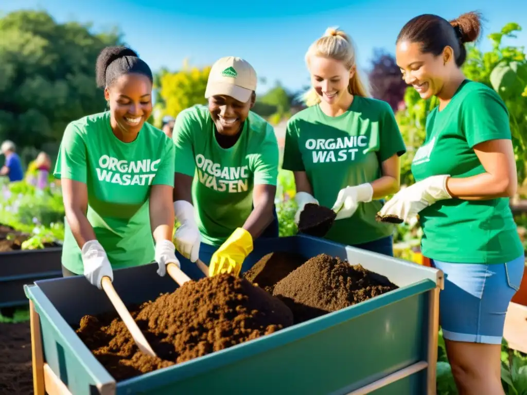 Voluntariado verde para compostaje comunitario: diversidad en acción, cultivando juntos en un jardín comunitario bajo el cálido sol