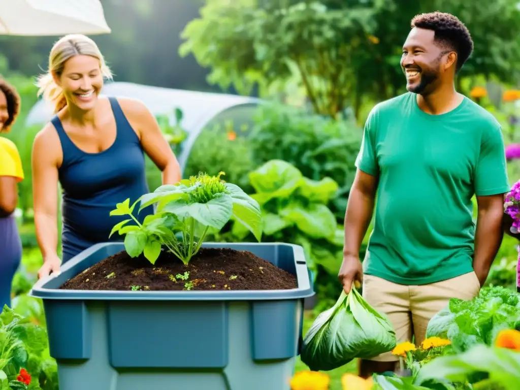 Voluntariado verde para compostaje comunitario: Comunidad diversa trabajando unida en un exuberante jardín, cultivando, compostando y sonriendo