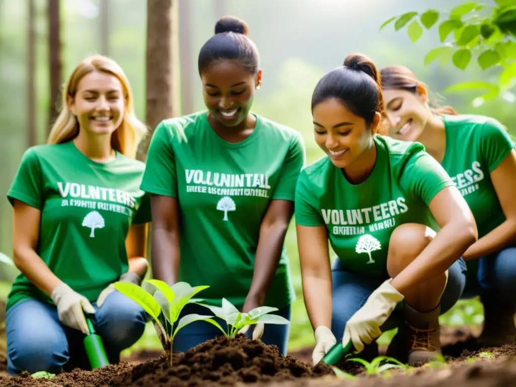 Voluntarios plantando árboles en un bosque verde, con luz solar filtrándose entre las hojas