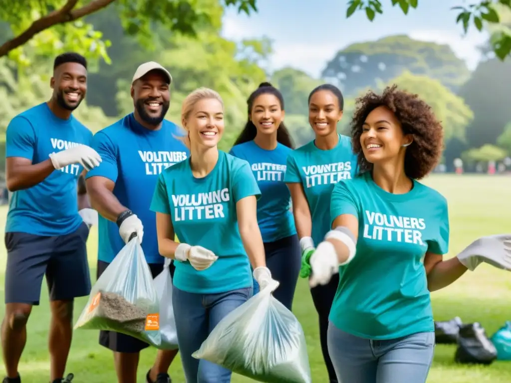 Voluntarios recogiendo basura en un parque, mostrando beneficios del voluntariado ecológico en reciclaje