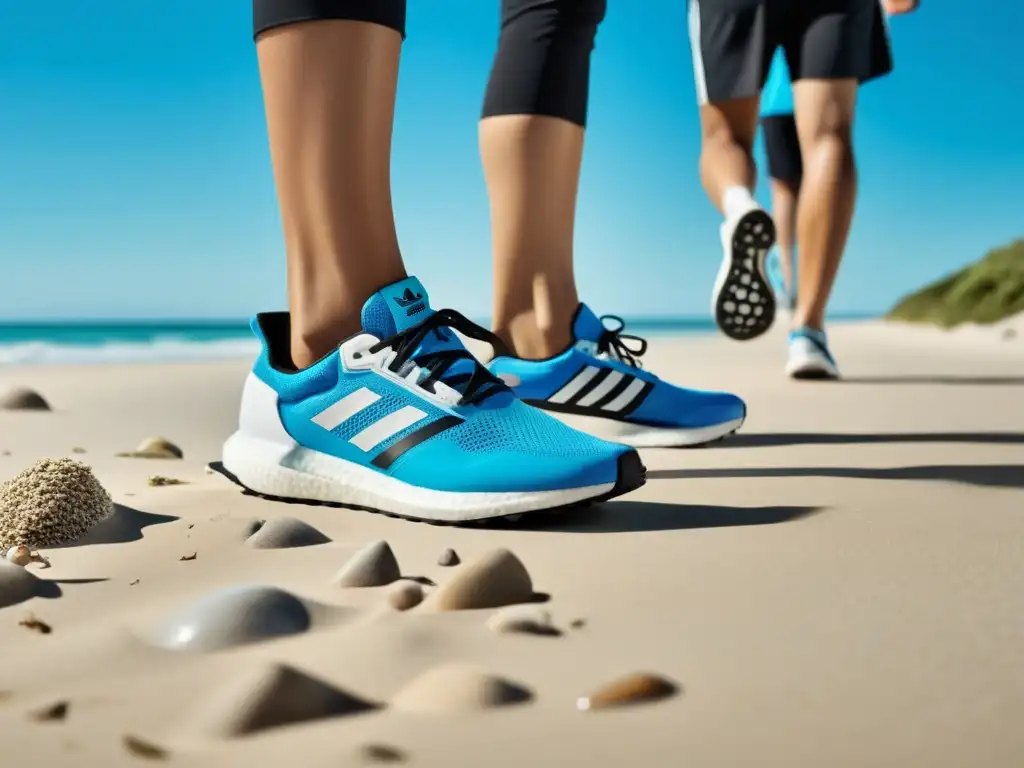 Voluntarios con calzado Adidas en limpieza de playa para campañas sostenibles de Adidas, junto al mar y cielo azul