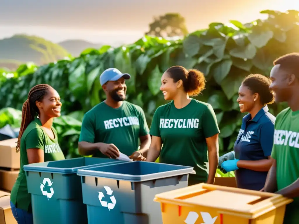 Voluntarios colaborando en centro de reciclaje, promoviendo beneficios empresa reciclaje comunidad con ambiente cálido y sostenible al atardecer