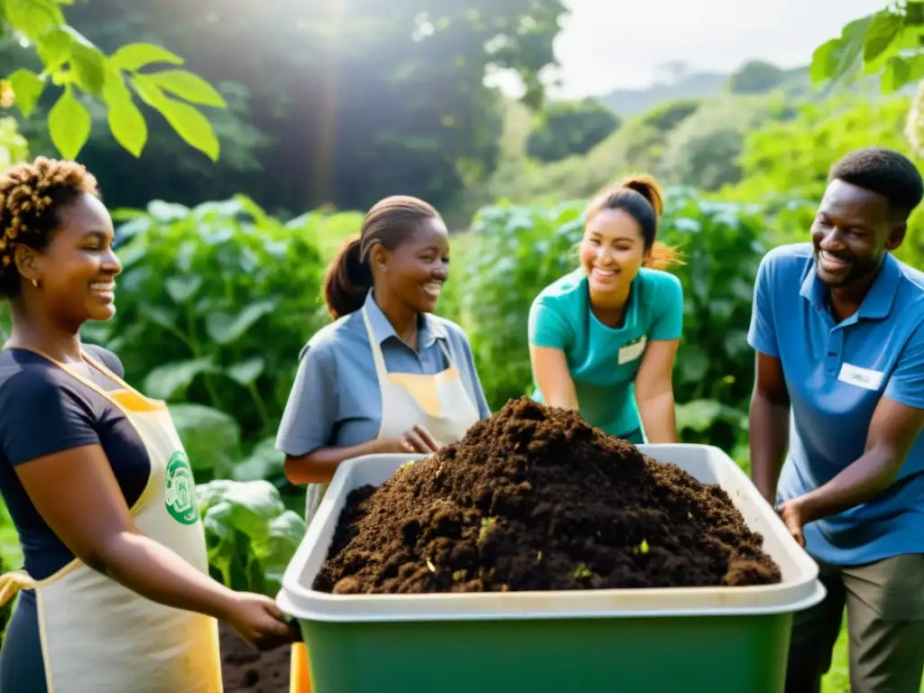 Voluntarios de ONG promueven compostaje y educación ambiental en un jardín comunitario, mostrando el proceso a participantes entusiastas