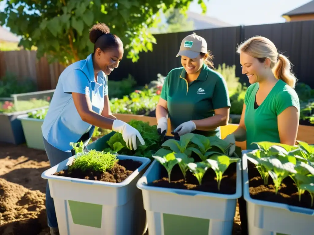 Voluntarios comprometidos trabajan en el compostaje en un jardín comunitario, promoviendo la importancia de las ONGs en compostaje sostenible