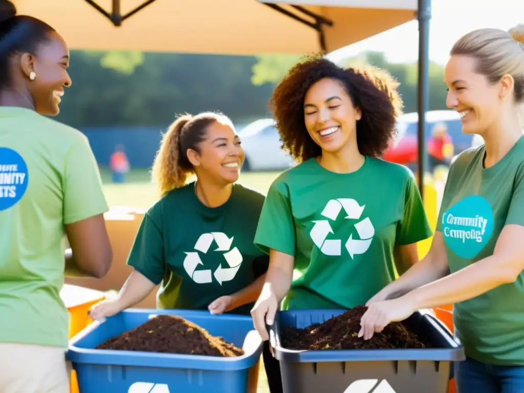 Voluntarios entusiastas en evento de compostaje, demostrando trabajo en equipo y conciencia ecológica