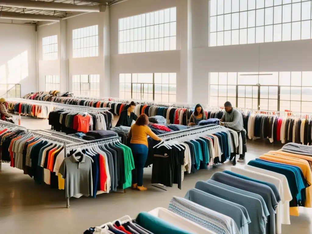 Voluntarios clasificando ropa donada en un almacén luminoso para apoyar la moda sostenible reciclaje hogar