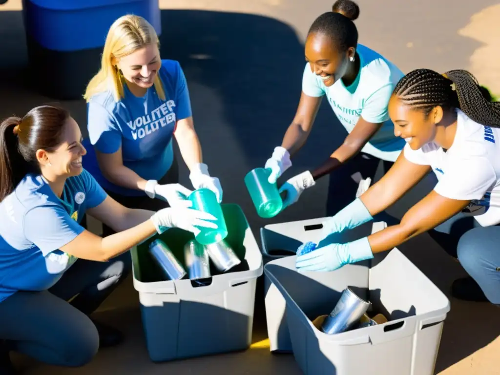 Voluntarios sonrientes clasifican materiales reciclables al sol