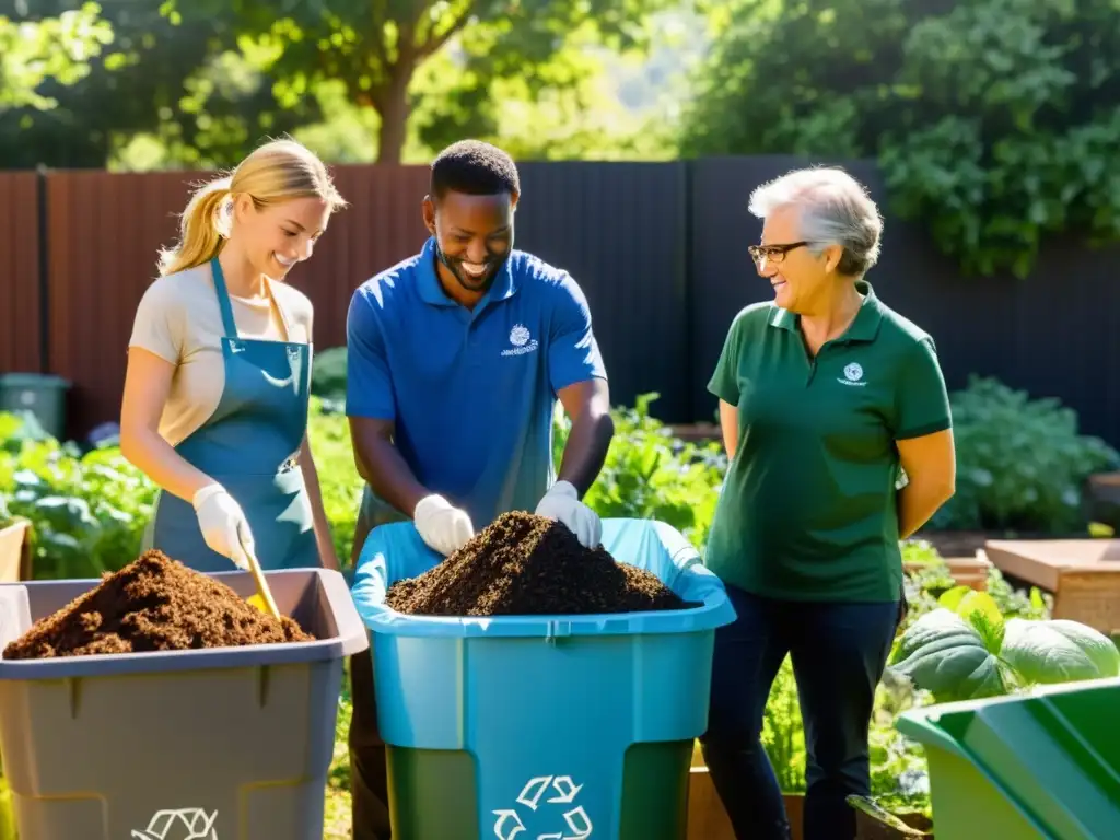 Voluntarios unidos en jardín comunitario, cuidando compostaje y reciclaje