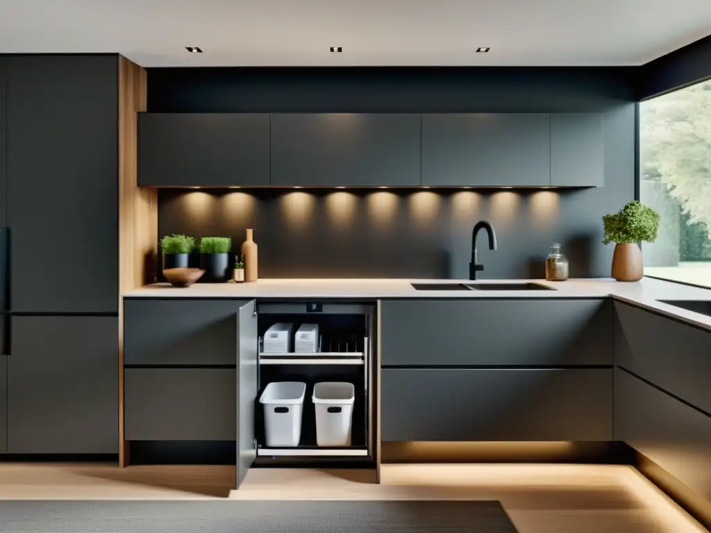 Integrar zonas de reciclaje en casa: Cocina minimalista con contenedores de reciclaje integrados en la elegante carpintería, mostrando un enfoque moderno y elegante al reciclaje en el hogar