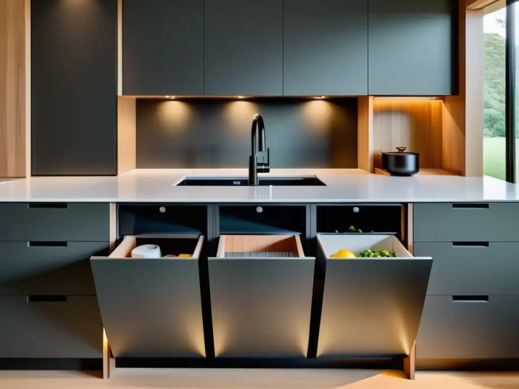 Integrar zonas de reciclaje en casa: Cocina minimalista con contenedores de reciclaje integrados en los muebles, iluminados y organizados